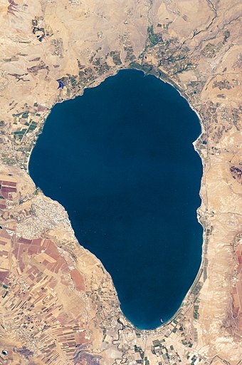 View of the Sea of Galilee from space, the lowest freshwater lake on Earth and the second-lowest lake after the Dead Sea.