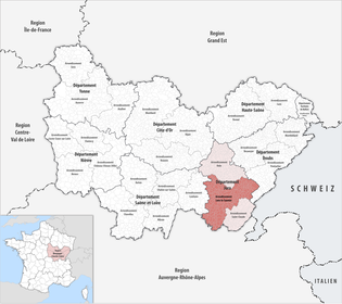 隆斯勒索涅区在勃艮第-弗朗什-孔泰大区与汝拉省的位置