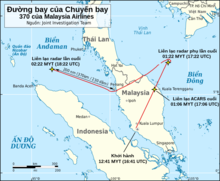 Bản đồ Đông Nam Á cho thấy cực nam của Việt Nam ở phía trên bên phải (đông bắc), bán đảo Mã Lai (phần nam của Thái Lan, một phần của Malaysia và Singapore), phần trên của đảo Sumatra, phần vịnh Thái Lan, phần tây nam của Biển Đông, eo biển Malacca và một phần của Biển Andaman. Đường bay của MH370 được hiển thị bằng màu đỏ, đi từ Kuala Lumpur (phía dưới chính giữa) trên một con đường eo biển về phía đông bắc, sau đó (ở phía trên bên phải) rẽ sang phải trước khi rẽ sang trái và bay theo con đường giống như rộng hình chữ "V" (khoảng 120-130°) và rơi ở phía trên bên trái. Các ghi chú nơi gửi thông điệp ACARS cuối cùng ngay trước khi MH370 đi từ Malaysia vào Biển Đông, liên lạc cuối cùng được thực hiện bởi trạm kiểm kiểm soát không lưu trước khi máy bay rẽ phải và nơi phát hiện cuối cùng bằng radar quân sự tại chỉ nơi con đường máy bay rơi.