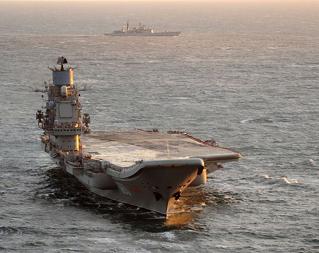 Admiral Kuznetsov, shadowed by British destroyer HMS York off the UK coast, en route to a Mediterranean cruise, December 2011
