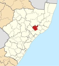 Kaart van Suid-Afrika wat Mthonjaneni in KwaZulu-Natal aandui