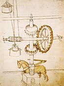 Vista xeral do guindastre de Brunelleschi. Debuxo realizado por Mariano di Jacopo, chamado il Taccola, primeira metade do século XV. Biblioteca Nacoinal de Francia, Ms. Palatino 776, c. 10r
