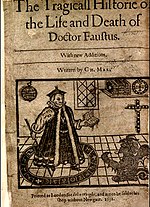 Frontispiece to a 1631 printing of Doctor Faustus showing Faustus conjuring Mephistophilis