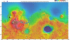 Карта высот Марса. Равнина Утопия — низменность вверху справа