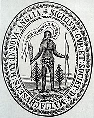 Original seal of the Massachusetts Bay Colony depicting a Massachusett Indian proclaiming "Come over and help us"--a plea for conversion--inspired from Acts 16:19. Many contemporary Massachusett support initiatives to replace the Great Seal of Massachusetts which preserves most elements of the colonial original and has long been held offensive to many of the Native groups of the region. Massachusetts Bay Colony Seal, 1629.jpg