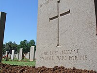 HIS LAST MESSAGE: NO MORE WARS FOR ME—A headstone in the Jerusalem British World War I Cemetery on Mount Scopus