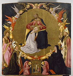 The Coronation of the Virgin by Neri di Bicci, c. 1470 Neri di Bicci - The Coronation of the Virgin with Angels and Four Saints - Walters 37675.jpg