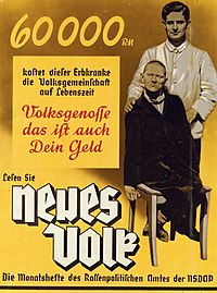 Poster from the Nazi Party's Office of Racial Policy: "60 000 RM is what this person with hereditary illness costs the community in his lifetime. Fellow citizen, that is your money too." Neues Volk eugenics poster, c. 1937 (brightened).jpeg