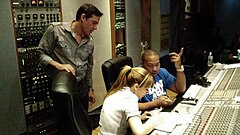 Timbaland (right) in a recording session with singer Noelia (middle) and actor Jorge Reynoso (left) in 2012 Noelia, Timbaland and Jorge Reynoso.jpg