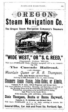 Advertisement for the steamers, including Emma Hayward, by the Oregon Steam Navigation Company, circa 1878. OSN advertisement.jpg