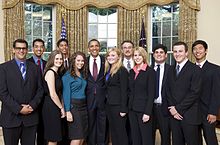 President Barack Obama with the Academic Decathlon team from Moorpark High School, the 2009 National Champions. Winning teams have often been invited to meet the President of the United States. Obama meets Moorpark High Acadec Team, 2009.jpg