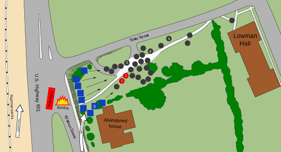 Map showing the front of State College's campus and the locations of patrolmen and shooting victims