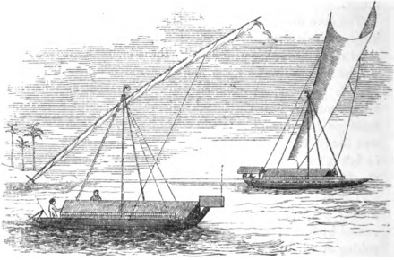 1863 illustration of padewakang ships in Sulawesi with furled and unfurled tanja sails