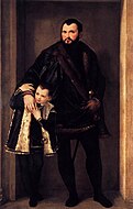 保羅·委羅內塞的《伊塞波·達·波爾托與他的兒子阿德里亞諾肖像畫（義大利語：Ritratto di Iseppo da Porto col figlio Adriano）》，247 × 133 cm，約繪於1555年，1974年始藏[72]
