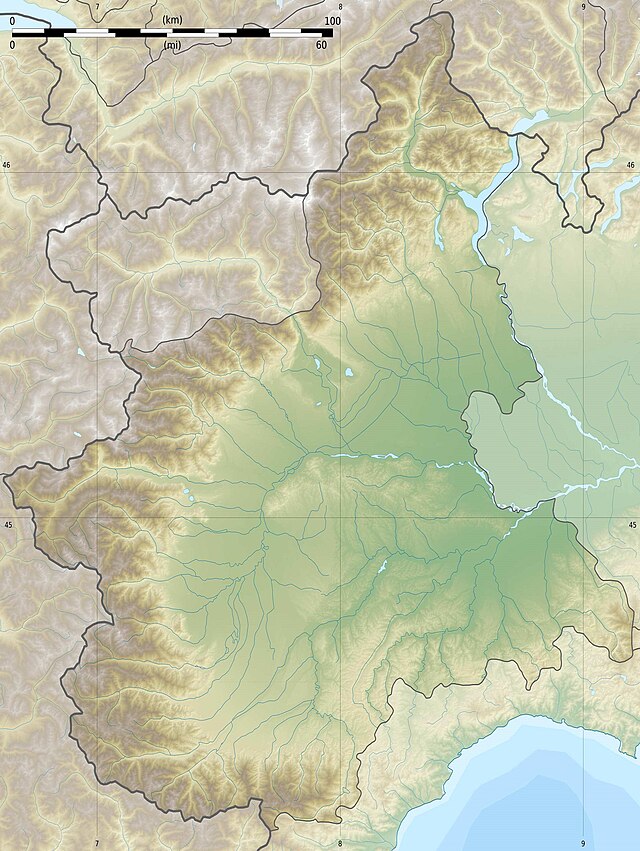 Mapa konturowa Piemontu, w centrum znajduje się punkt z opisem „Turyn”