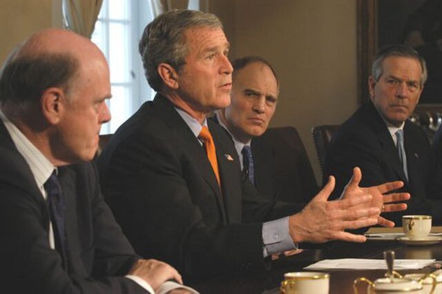 President George W. Bush meets with his economic advisors on February 25, 2003.