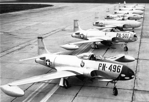 71st Fighter Squadron Lockheed P-80s at March AFB, CA, c. 1948.