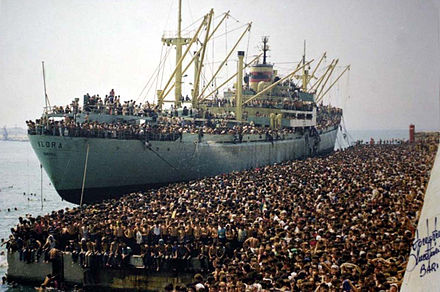 The Vlora ship in Bari carrying some 20,000 Albanian migrants after the Breakup of Communist Albania