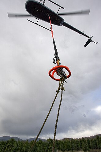 A Robinson R44 Raven II helicopter using a remote hook to lift Christmas trees. The remote hook is suspended from the belly hook with a long line. R44-load.jpg