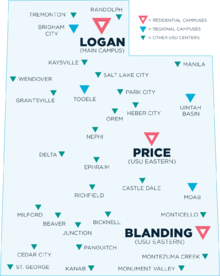 USU Regional Campuses and USU Eastern provide education throughout Utah. Distance Education centers and extension sites are every county in Utah. RC-2017 Utah Map.png