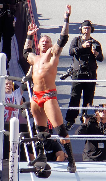 Orton celebrating after defeating Seth Rollins at WrestleMania 31 in March 2015