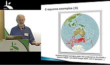 Rees speaking at the 2014 GBIF Science Symposium, New Delhi, India; behind him a slide illustrating the "globe view" capability of the c-squares mapper, as implemented for data from the Ocean Biodiversity Information System Rees-2014-gbif.jpg