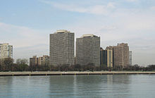 Indian Village high rises, including Regents Park and Powhatan Apartments, from Promontory Point Regents.JPG