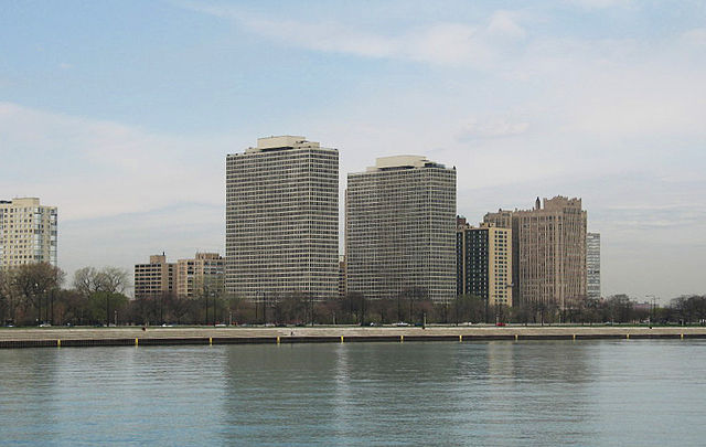 Lakefront condominiums in Kenwood as seen from Promontory Point.