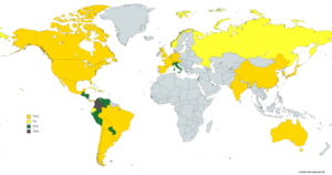 Results of vote overseas, gold PAC, green PLN and yellow FA. Resultados elecciones costarricenses 2014 en el extranjero primera ronda.png