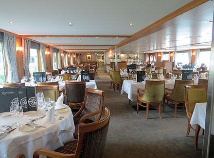 The restaurant of a smaller river cruise ship