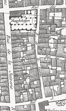 Rue de la Licorne med kyrkan Sainte-Marie-Madeleine på en karta från 1800-talet.