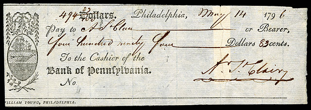 Check signed by Arthur St. Clair while governor of the Northwest Territory, 1796