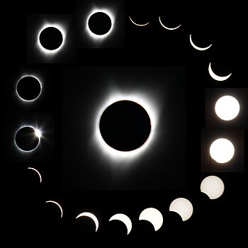 Sequence of Solar eclipse starting 9:06am, totality at 10:19am, and ending at 10:21am PDT on August 21, 2017. The photos taken in Corvallis, Oregon