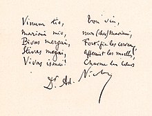 A manuscript written by Adolphe Nicolas. The Spokil portion reads: Vinum tio, Mariani mio, Bivos mergai, Stivas megai, Vivas ismai!