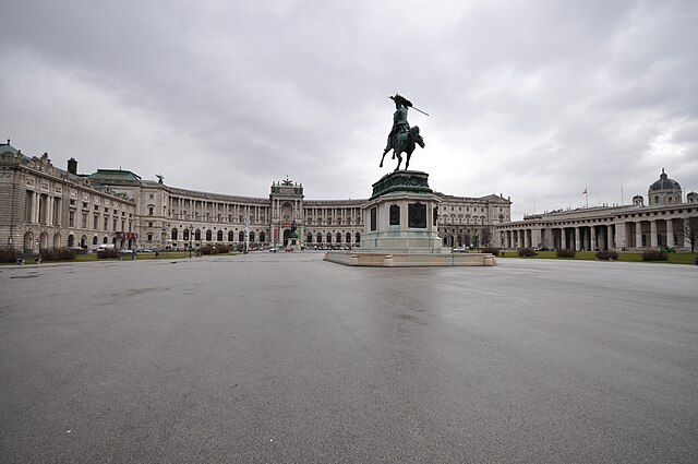 Heldenplatz (Heroes' Square) in Vienna with the statue of Archduke Charles of Austria in front of Hofburg Palace, Charles was Austria's main military 
