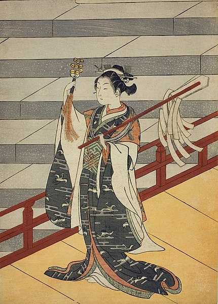 The Kagura Dancer, showing a dancer with kagura suzu. By Suzuki Harunobu, circa 1766