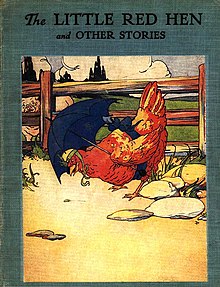 An illustrated red hen stands in front of a fence, holds an umbrella, and leans to the left.