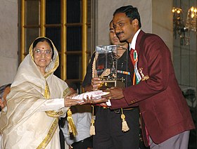 The President, Smt. Pratibha Patil presenting the Arjuna Award -2006 to Shri K. M. Binu for Athletics at a glittering function, in New Delhi on August 29, 2007.jpg