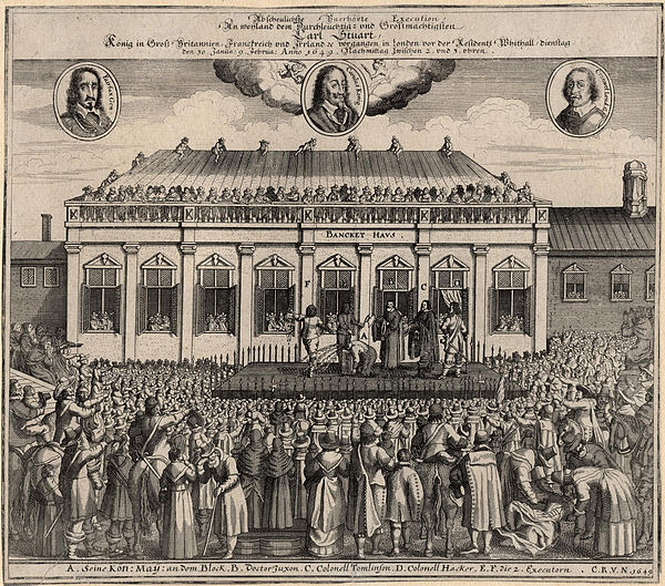 Contemporary German print of the execution of Charles I outside the Banqueting House. Based on the earliest European depiction of the execution.