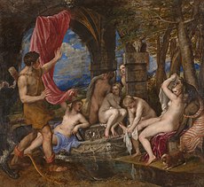 Происходит картина с изображением мужчины на группу обнаженных женщин, купающихся в похожем на грот пространстве. 
