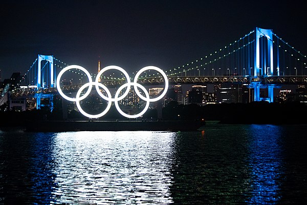 The Olympic rings on display at Tokyo Bay to promote the Games