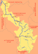 Tomsk (Томск) en mapa en ruso del río Tom