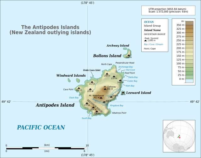 Topografia mapo de la Antipodaj Insuloj.