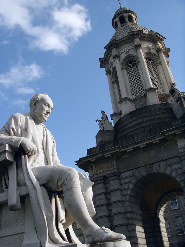 Statue of Anglo-Irish mathematician and theologian George Salmon (1819–1904), in front of the campanile of Trinity College Dublin, the traditional alm