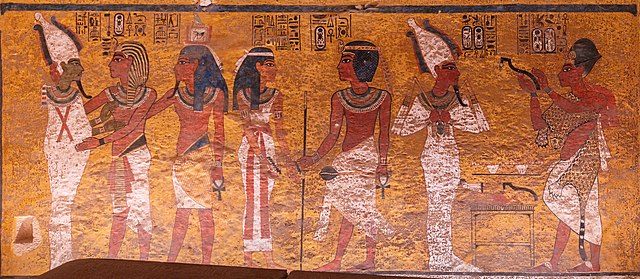 Scenes from the north wall of the burial chamber of Tutankhamun. On the left side, Tutankhamun, followed by his ka (an aspect of his soul), embraces O