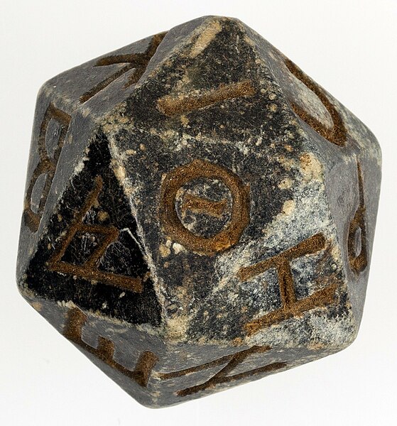 Twenty-sided dice from Ptolemaic of Egypt, inscribed with Greek letters at the faces.