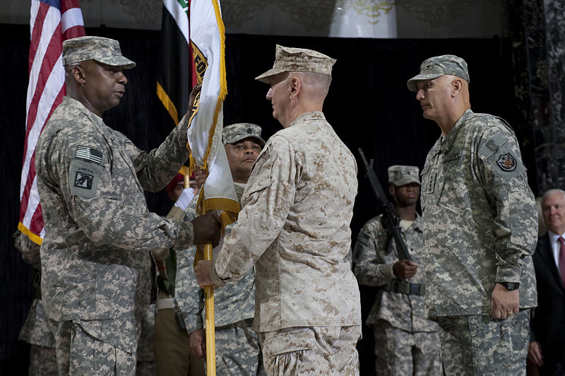 File:U.S. Army Gen. Lloyd J. Austin III, left, the incoming commander of U.S. Forces-Iraq (USF-I), accepts the command colors from U.S. Marine Corps Gen. Gen. James N. Mattis, the commander of U.S. Central Command 100901-N-TT977-288.jpg