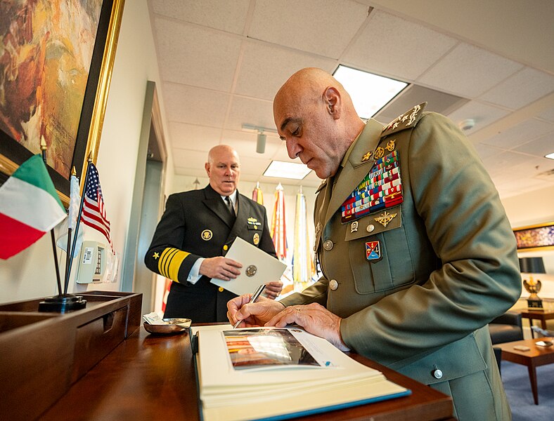 File:U.S. Navy Admiral Christopher W. Grady, Vice Chairman of the Joint Chiefs of Staff, meets with Lieutenant General Carmine Masiello, Deputy Chief of the Italian Defense General Staff, at the Pentagon on November 1, 2023 - 10.jpg