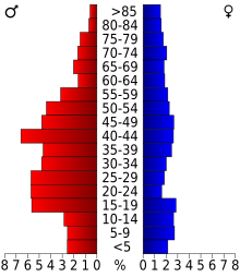 Diagramma che rappresenta la popolazione della contea, per fascia di età.  In rosso, a sinistra, le donne, in blu a destra, gli uomini.