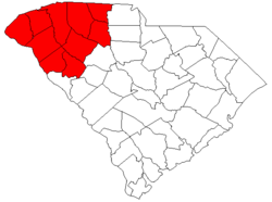 A map of South Carolina highlighting "The Upstate" region. Upstate South Carolina.png